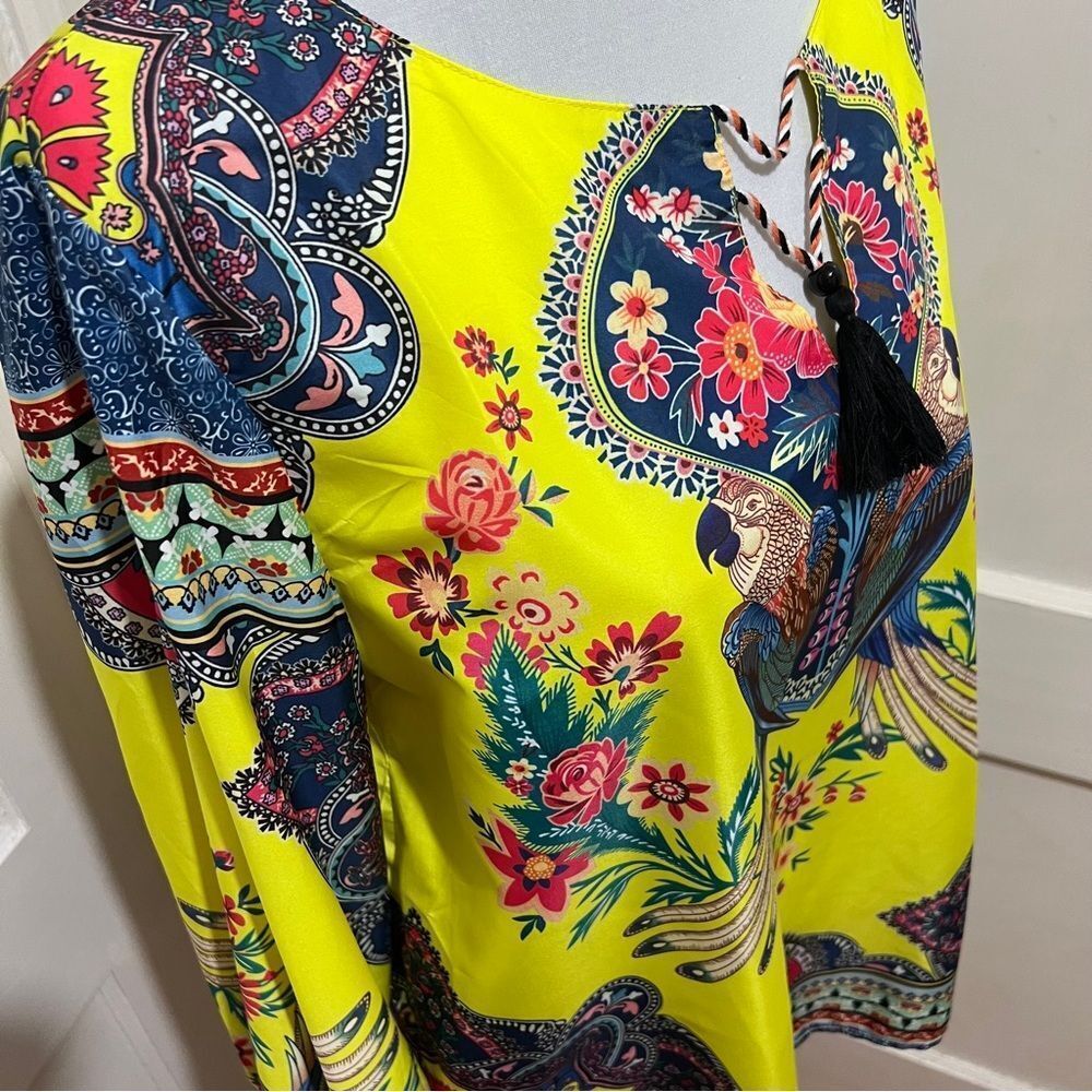 Vibrant Yellow Floral Bohemian Blouse with Tassel Women's Large